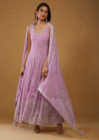 Lavender Purple Anarkali Suit With Chikankari Work And Mirror Embroidery