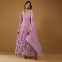 Lavender Purple Anarkali Suit With Chikankari Work And Mirror Embroidery