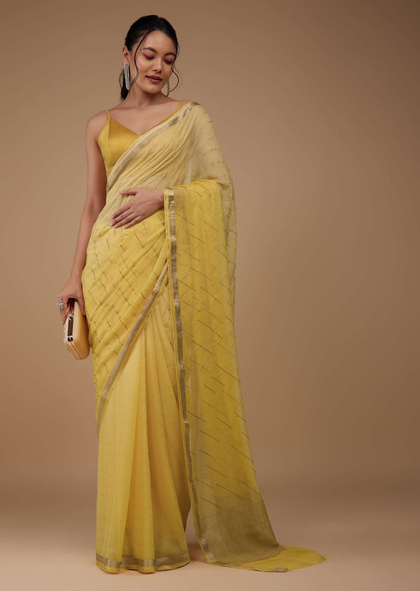 Daffodil Yellow Chiffon Saree With Swarovski Stone Embellishments And Zari Border