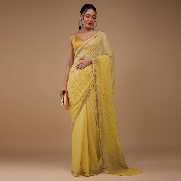 Daffodil Yellow Chiffon Saree With Swarovski Stone Embellishments And Zari Border