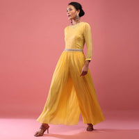 Cyber Yellow Jumpsuit In Chiffon With Full Sleeves And Embroidered Belt In Moti