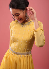 Cyber Yellow Jumpsuit In Chiffon With Full Sleeves And Embroidered Belt In Moti