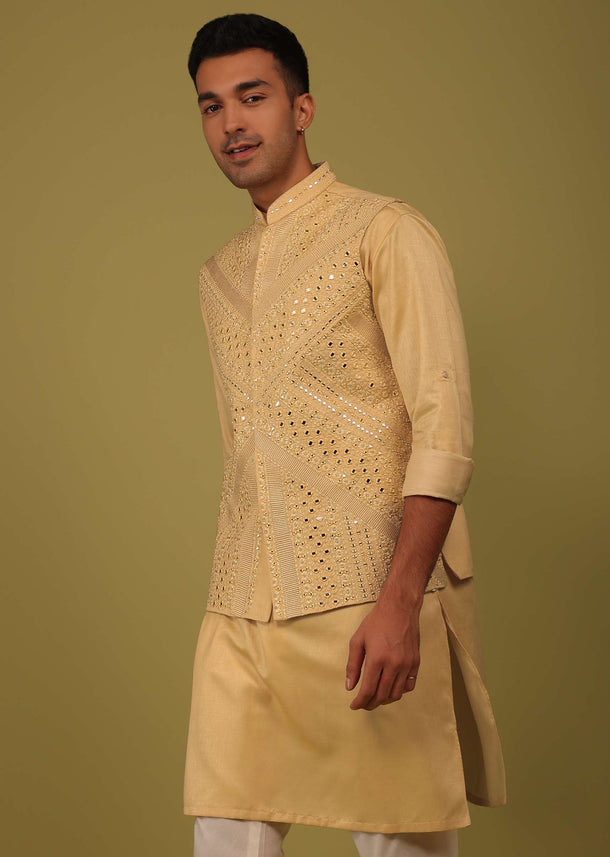 Mustard Yellow Silk Mirrorwork Bandi Jacket Set