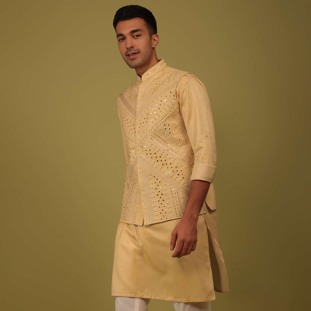 Mustard Yellow Silk Mirrorwork Bandi Jacket Set