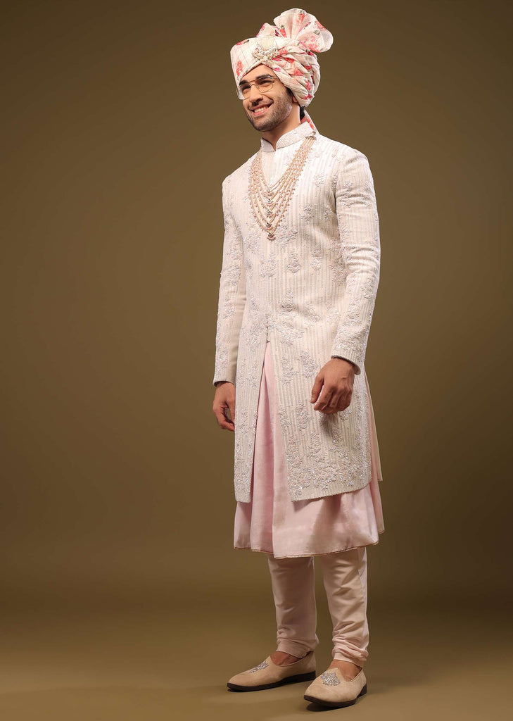 Beige White Silk Sherwani Set With Embroidery