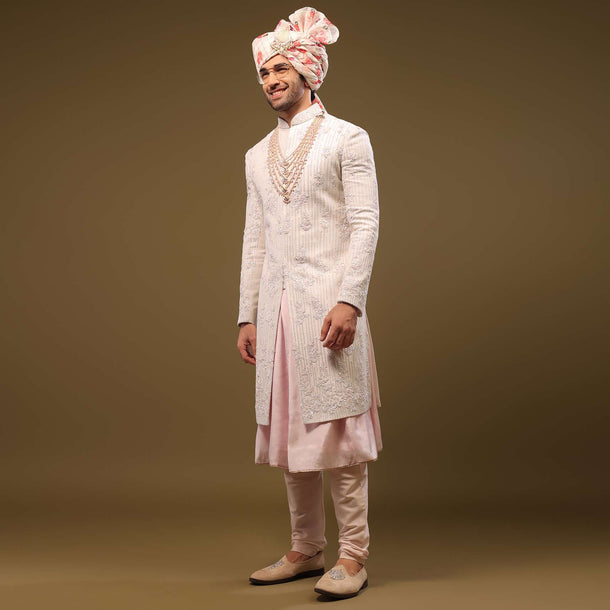 Beige White Silk Sherwani Set With Embroidery
