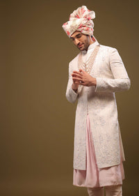 Beige White Silk Sherwani Set With Embroidery