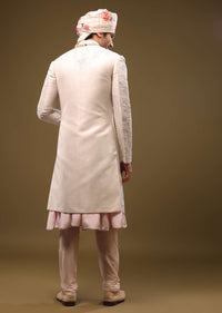 Beige White Silk Sherwani Set With Embroidery