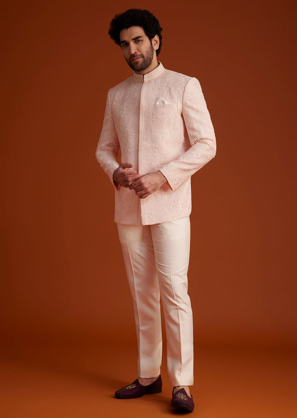 Soft Pink Embroidered Bandhgala Suit