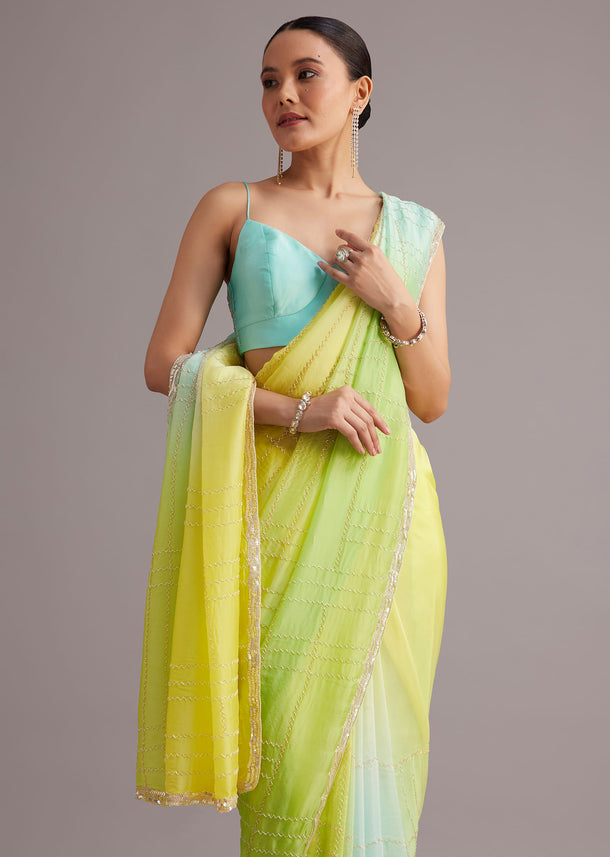 Soft Tissue Yellow Blue Shaded Saree Embroidered With Cutdana And Sequins