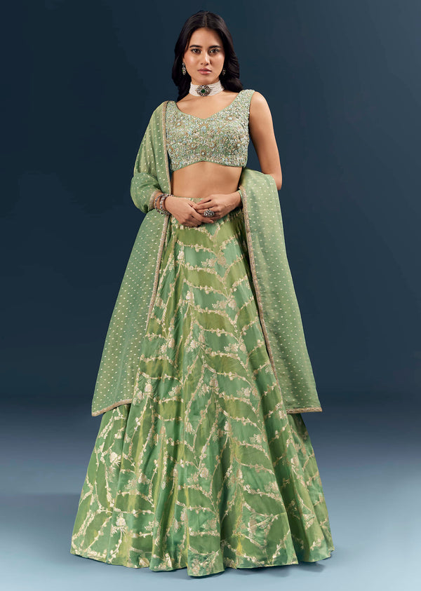 Spa Green Banarasi Silk Bridesmaid Lehenga With Heavy Hand Embroidery