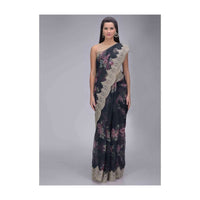 Space blue printed organza saree with rose pink cotton silk blouse piece only on Kalki