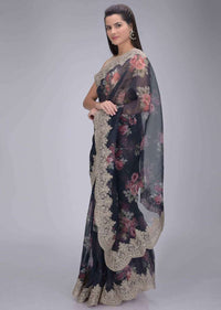 Space blue printed organza saree with rose pink cotton silk blouse piece only on Kalki