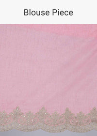 Space blue printed organza saree with rose pink cotton silk blouse piece only on Kalki