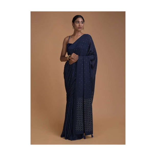 Space Blue Saree In Chiffon With Badla Work All Over Online - Kalki Fashion