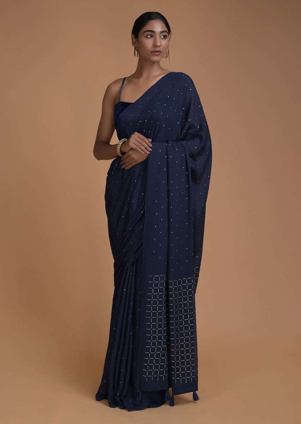 Space Blue Saree In Chiffon With Badla Work All Over Online - Kalki Fashion