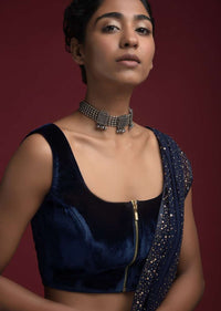Space Blue Blouse In Velvet With Front Zip Opening
