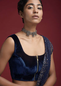 Space Blue Blouse In Velvet With Front Zip Opening