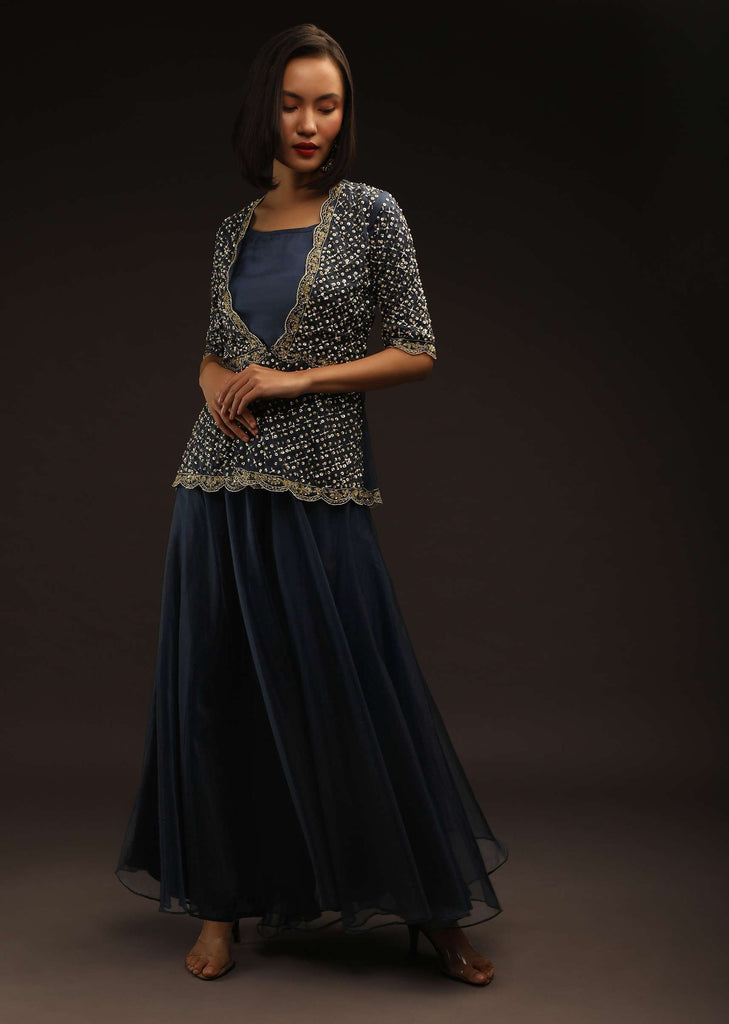 Space Blue Palazzo And Peplum Suit In Organza With Flower Sequins And Cut Dana Work