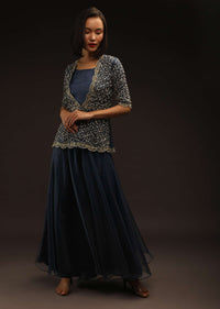 Space Blue Palazzo And Peplum Suit In Organza With Flower Sequins And Cut Dana Work