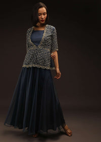 Space Blue Palazzo And Peplum Suit In Organza With Flower Sequins And Cut Dana Work