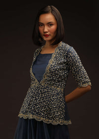 Space Blue Palazzo And Peplum Suit In Organza With Flower Sequins And Cut Dana Work