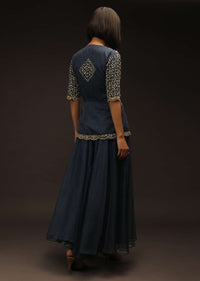 Space Blue Palazzo And Peplum Suit In Organza With Flower Sequins And Cut Dana Work