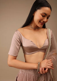 Sphinx Grey Blouse In Satin With Plunging Sweetheart Neckline And Half Sleeves