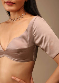 Sphinx Grey Blouse In Satin With Plunging Sweetheart Neckline And Half Sleeves