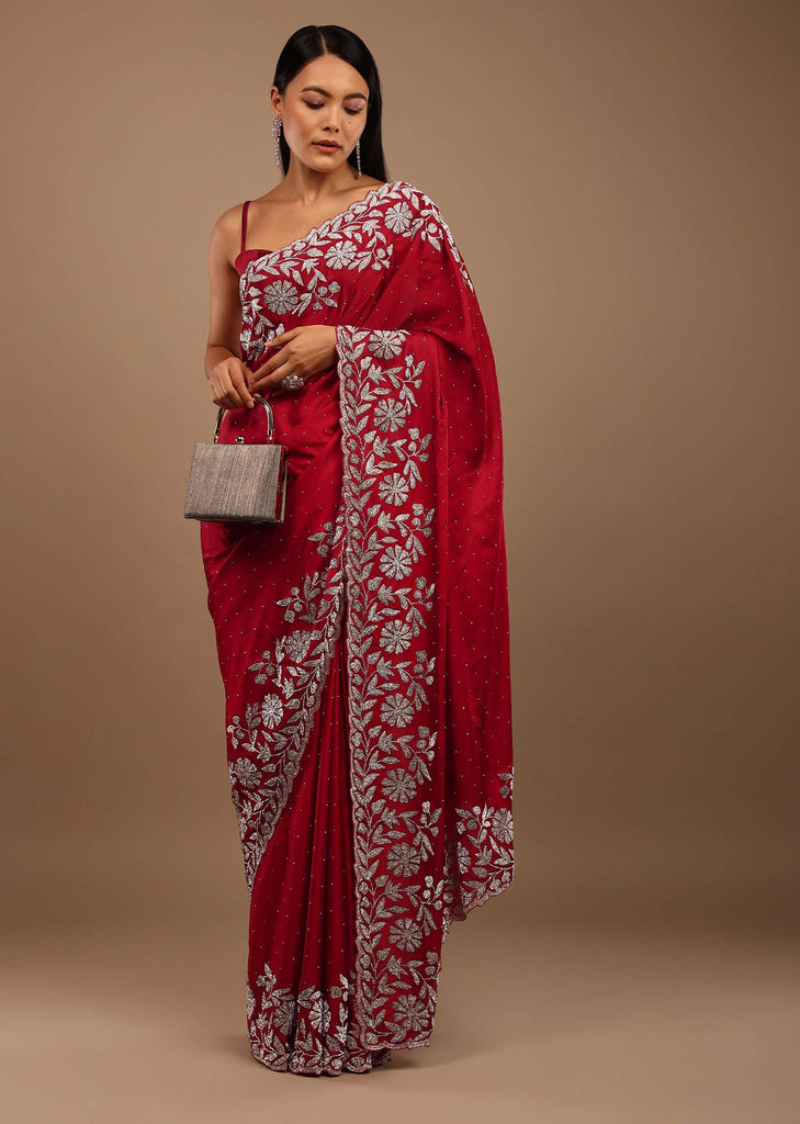 Spicy lollipop Red Satin Saree With Stonework In Floral Pattern