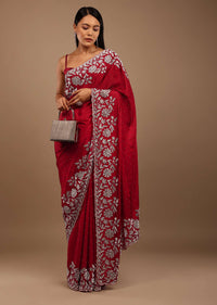 Spicy lollipop Red Satin Saree With Stonework In Floral Pattern