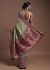 Spring Green Banarsi Saree In Georgette With Weaved Floral Mesh And Floral Jaal On The Rani Pink Pallu Online - Kalki Fashion