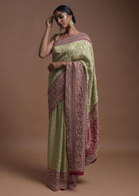 Spring Green Banarsi Saree In Georgette With Weaved Floral Mesh And Floral Jaal On The Rani Pink Pallu Online - Kalki Fashion