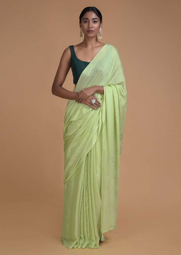 Spring Green Saree In Chiffon With Badla Work All Over Online - Kalki Fashion