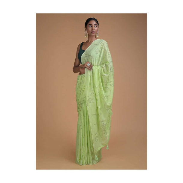 Spring Green Saree In Chiffon With Badla Work In Diagonal Stripes And Round Motifs Online - Kalki Fashion