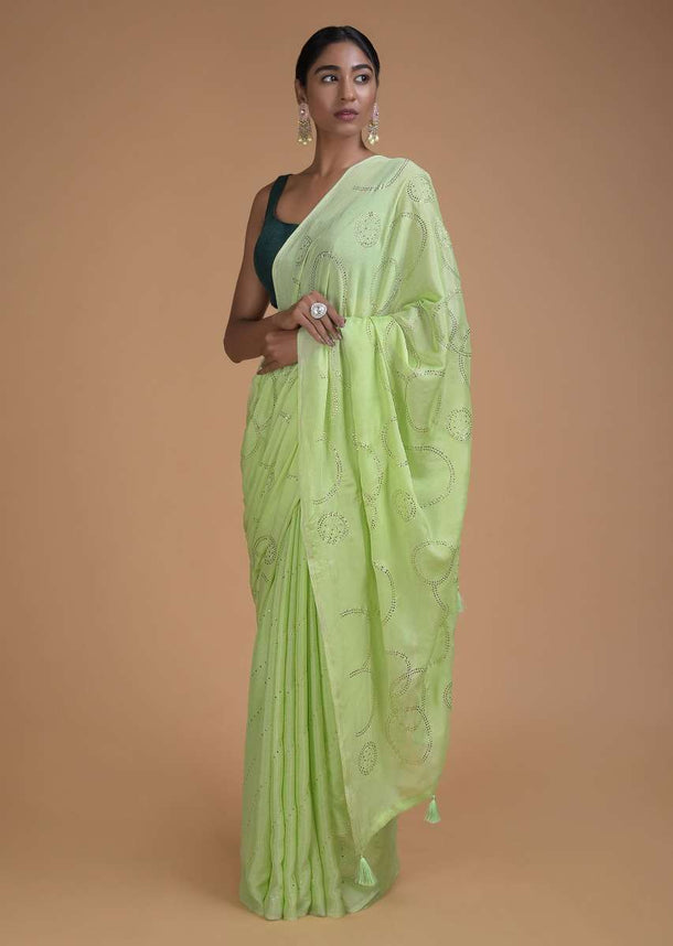 Spring Green Saree In Chiffon With Badla Work In Diagonal Stripes And Round Motifs Online - Kalki Fashion