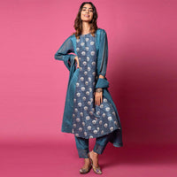Spruce Blue A Line Suit With Floral Hand Woven Banarasi On The Centre Kali And Cheeta Embroidery Online - Kalki Fashion
