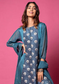 Spruce Blue A Line Suit With Floral Hand Woven Banarasi On The Centre Kali And Cheeta Embroidery Online - Kalki Fashion