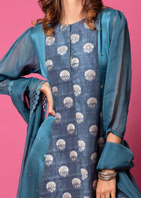 Spruce Blue A Line Suit With Floral Hand Woven Banarasi On The Centre Kali And Cheeta Embroidery Online - Kalki Fashion