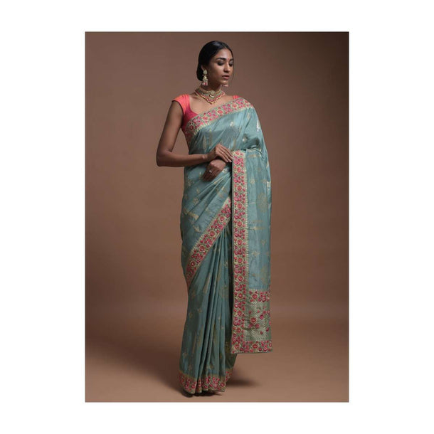 Spruce Green Banarasi Saree In Cotton Silk With Weaved Leaf Motifs And Colorful Resham Flowers Online - Kalki Fashion