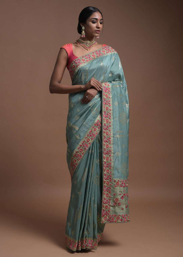 Spruce Green Banarasi Saree In Cotton Silk With Weaved Leaf Motifs And Colorful Resham Flowers Online - Kalki Fashion