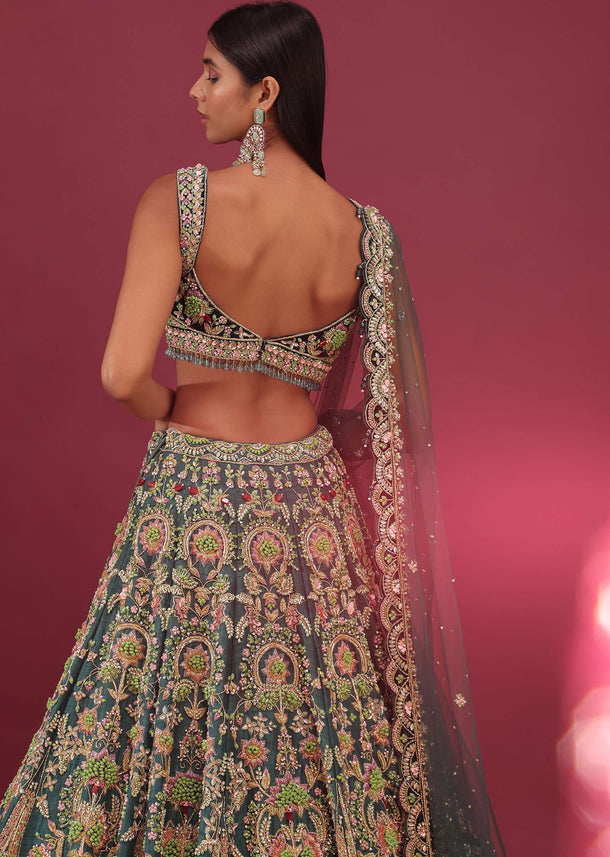 Peacock Green Bridal Lehenga In Raw Silk With Embroidery - NOOR 2022