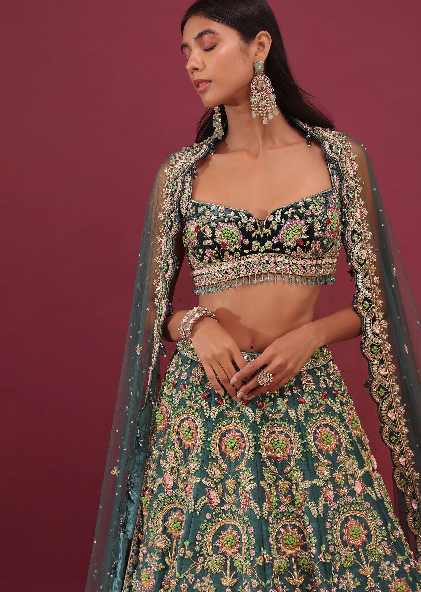 Peacock Green Raw Silk Bridal Lehenga With Embroidery - NOOR 2022