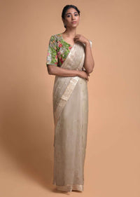 Squirrel Grey Saree In Organza Silk With Sequins And Zari Buttis In Leaf Motifs Online - Kalki Fashion