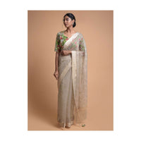 Squirrel Grey Saree In Organza Silk With Sequins And Zari Buttis In Leaf Motifs Online - Kalki Fashion