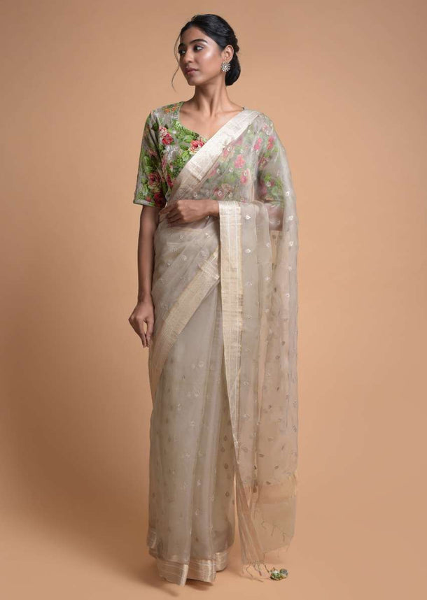 Squirrel Grey Saree In Organza Silk With Sequins And Zari Buttis In Leaf Motifs Online - Kalki Fashion