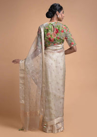 Squirrel Grey Saree In Organza Silk With Sequins And Zari Buttis In Leaf Motifs Online - Kalki Fashion