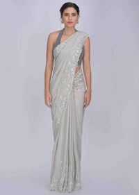 Squirrel Grey Saree In Shimmer Georgette With Matching Blouse Piece Online - Kalki Fashion