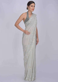 Squirrel Grey Saree In Shimmer Georgette With Matching Blouse Piece Online - Kalki Fashion