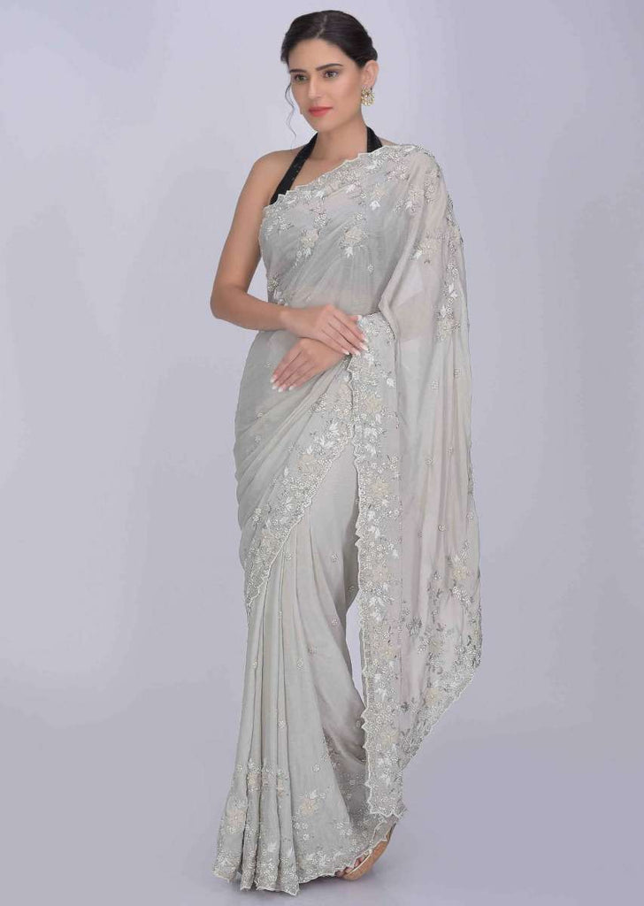 Squirrel Grey Saree In Shimmer Georgette With Matching Blouse Piece Online - Kalki Fashion